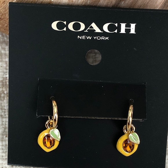 Coach Gold Tone Huggie Hoop Earrings Lemon Charm & Crystal Accent NWT - Picture 4 of 16